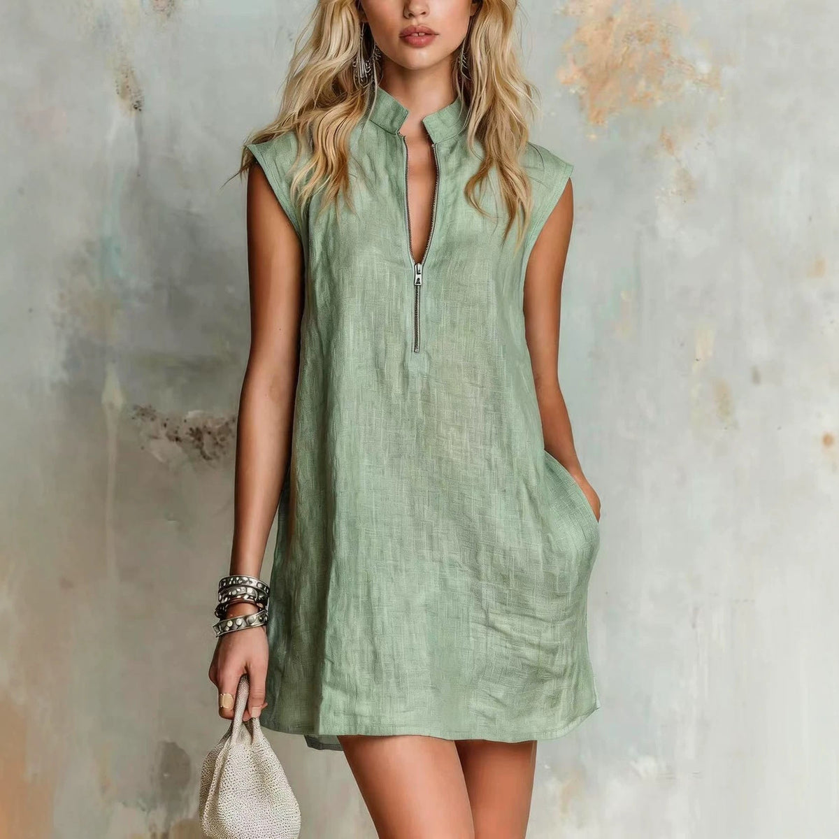 Robe courte droite sans manches à col officier, demi-zip et poches, en lin