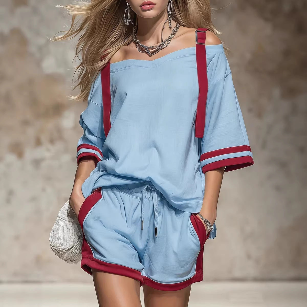Ensemble T-shirt court à épaules dénudées et short color-block rétro