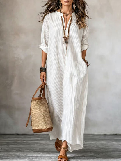 Robe longue texturée froissée à col en V, manches courtes et coupe ample
