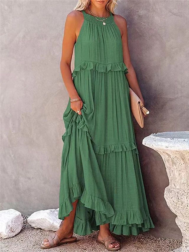 Robe longue fluide à volants et plusieurs niveaux, coupe halter