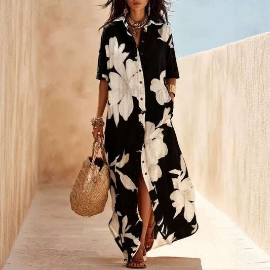 Robe longue fleurie décontractée avec col à revers et boutons