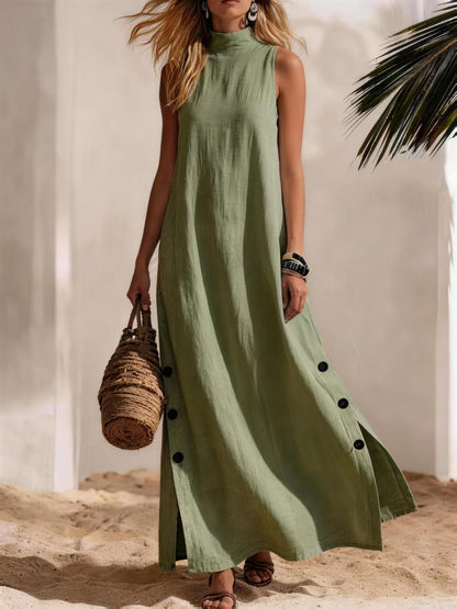 Robe longue décontractée sans manches en coton et lin de couleur unie avec fente latérale