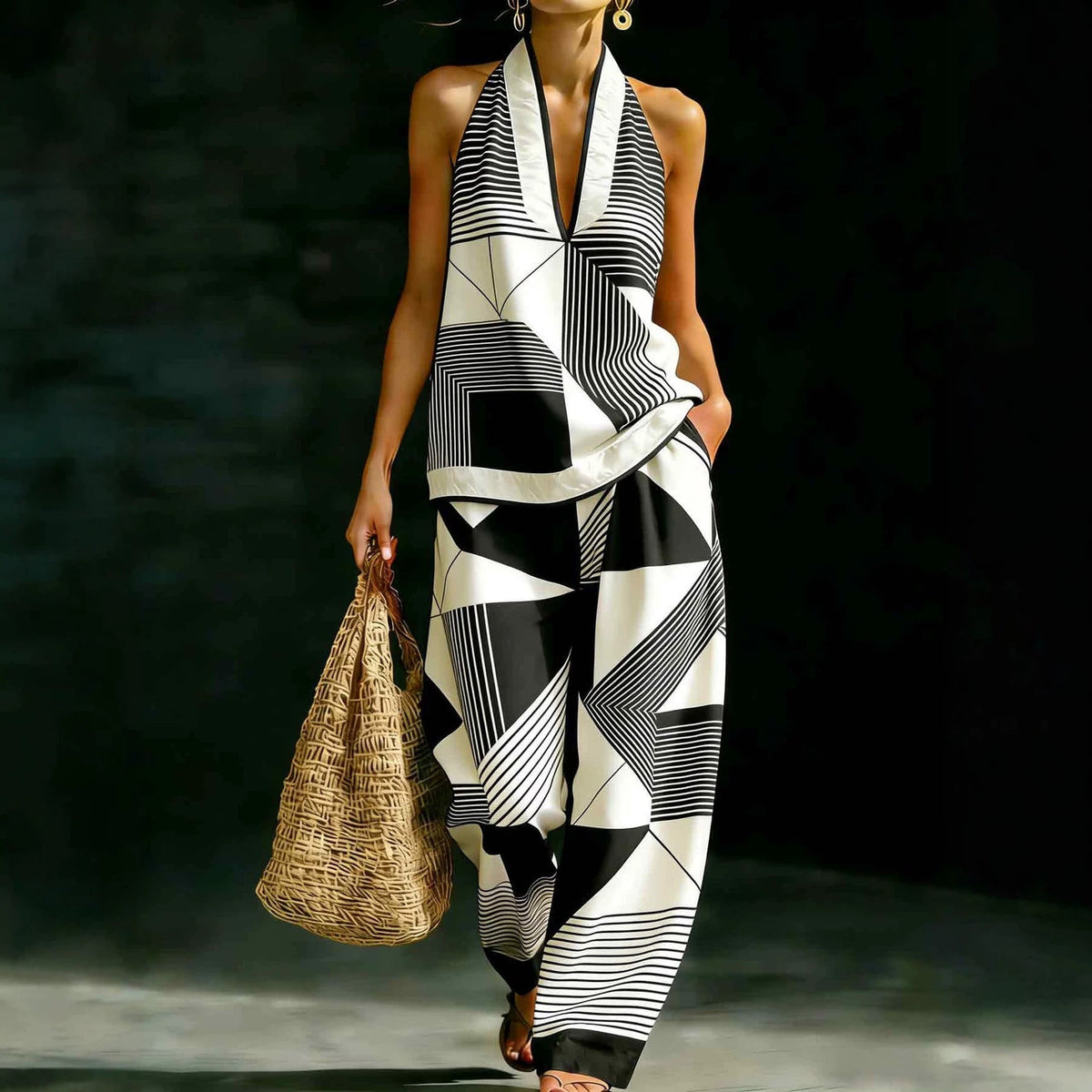 Geometric Print Halter V-Neck Sleeveless Top & Wide Leg Pants Two Piece Set