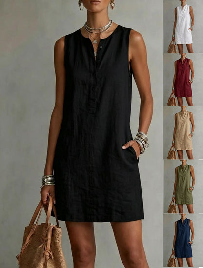Mini-robe sans manches boutonnée en lin