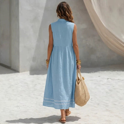 Robe midi sans manches en lin à col montant, plis et fermeture éclair sur le devant