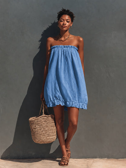 Robe courte ample en lin bustier à volants