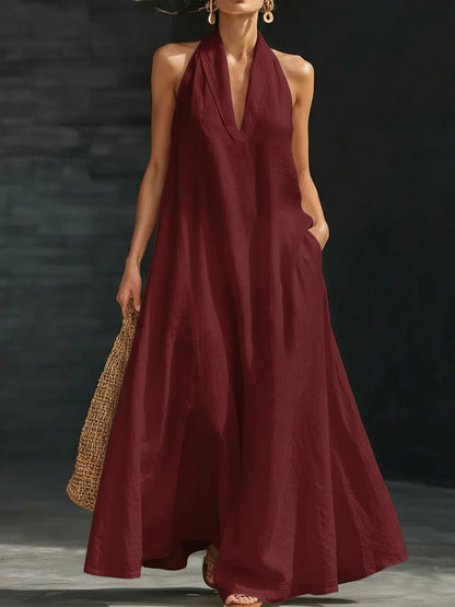 Elegant Black Halter Neck Maxi Dress - Casual Loose Cotton Linen Summer Dress with Pockets