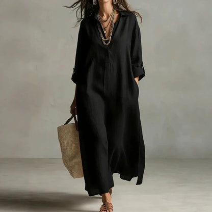Robe chemise décontractée unie à revers à manches longues de style ample