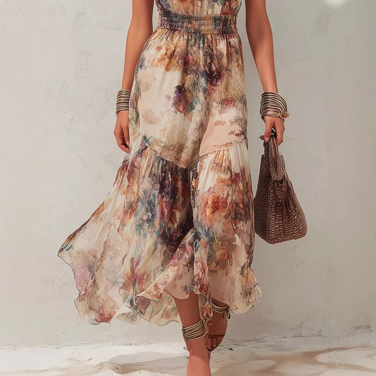 Robe de vacances évasée et volantée sans manches à imprimé aquarelle vintage