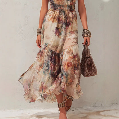 Robe de vacances évasée et volantée sans manches à imprimé aquarelle vintage