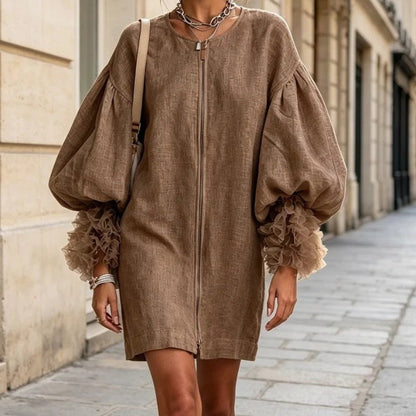 Mini-robe en lin zippée pour femme, robe ample et décontractée à manches ballon bouffantes avec poignets à volants