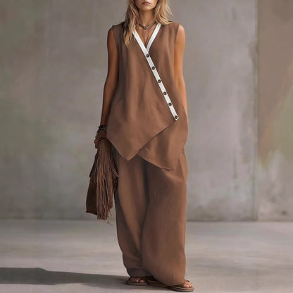 Ensemble décontracté gilet boutonné irrégulier col en V et pantalon large de style bohème