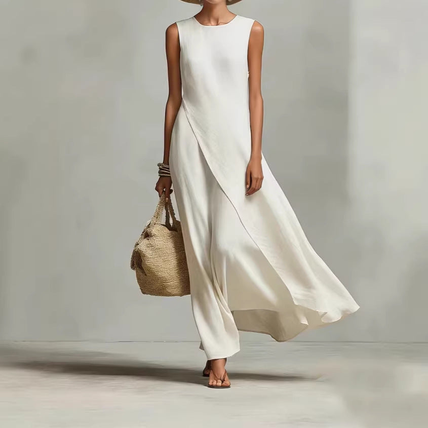 Robe longue asymétrique en lin sans manches