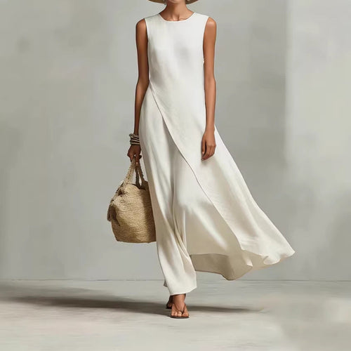 Robe longue asymétrique en lin sans manches