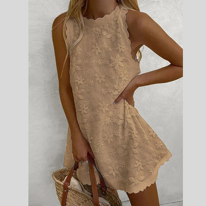 Floral Embroidered Scalloped Sleeveless Romper - Khaki / S