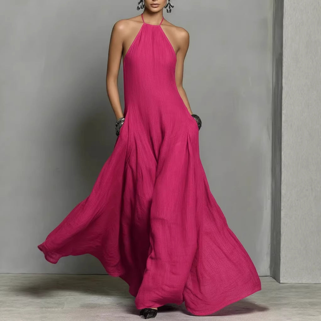 Robe longue simple sans manches à dos nu en mélange de coton et de lin