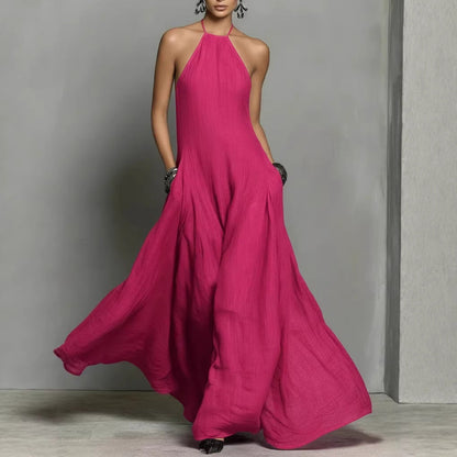 Robe longue simple sans manches à dos nu en mélange de coton et de lin