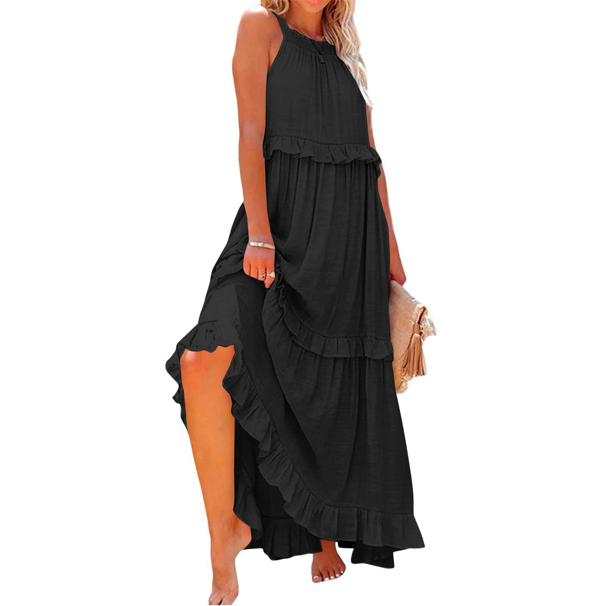 Robe longue fluide à volants et plusieurs niveaux, coupe halter