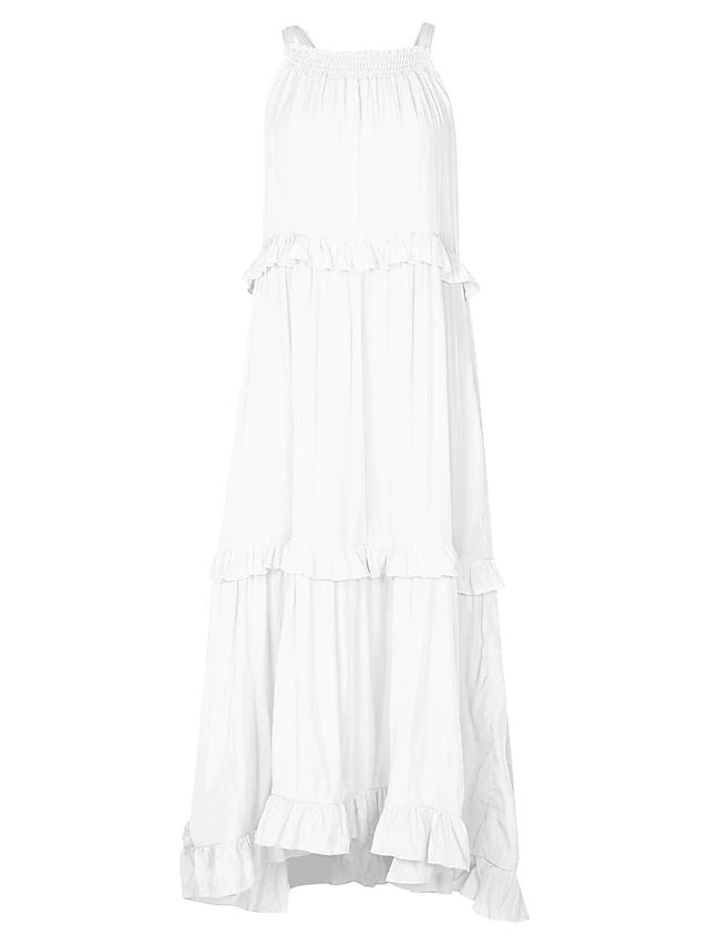 Robe longue fluide à volants et plusieurs niveaux, coupe halter