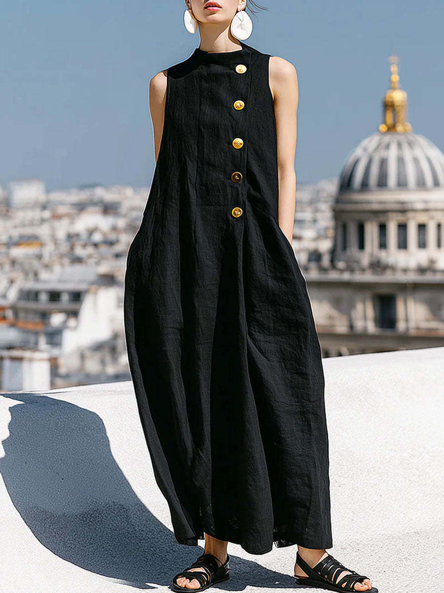 Robe longue sans manches en lin avec col montant et boutons latéraux