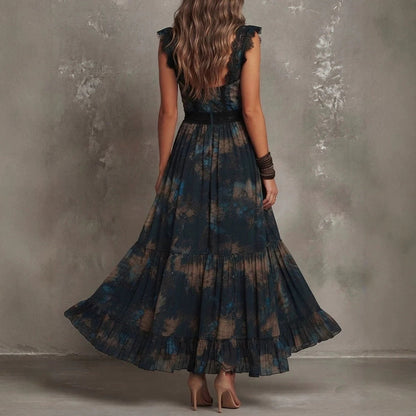 Robe longue bohème vintage à fleurs avec col en V, manches volantées en dentelle et ourlet à volants à la taille