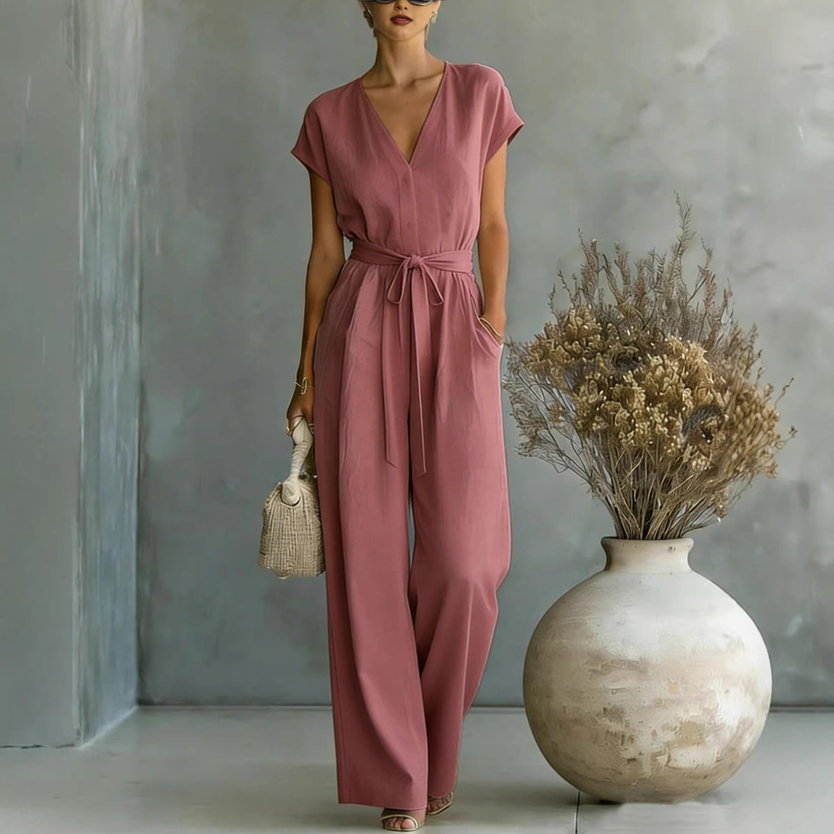 Combinaison élégante col en V avec ceinture pour femme - Tenue une pièce chic et décontractée pour le quotidien et les occasions spéciales