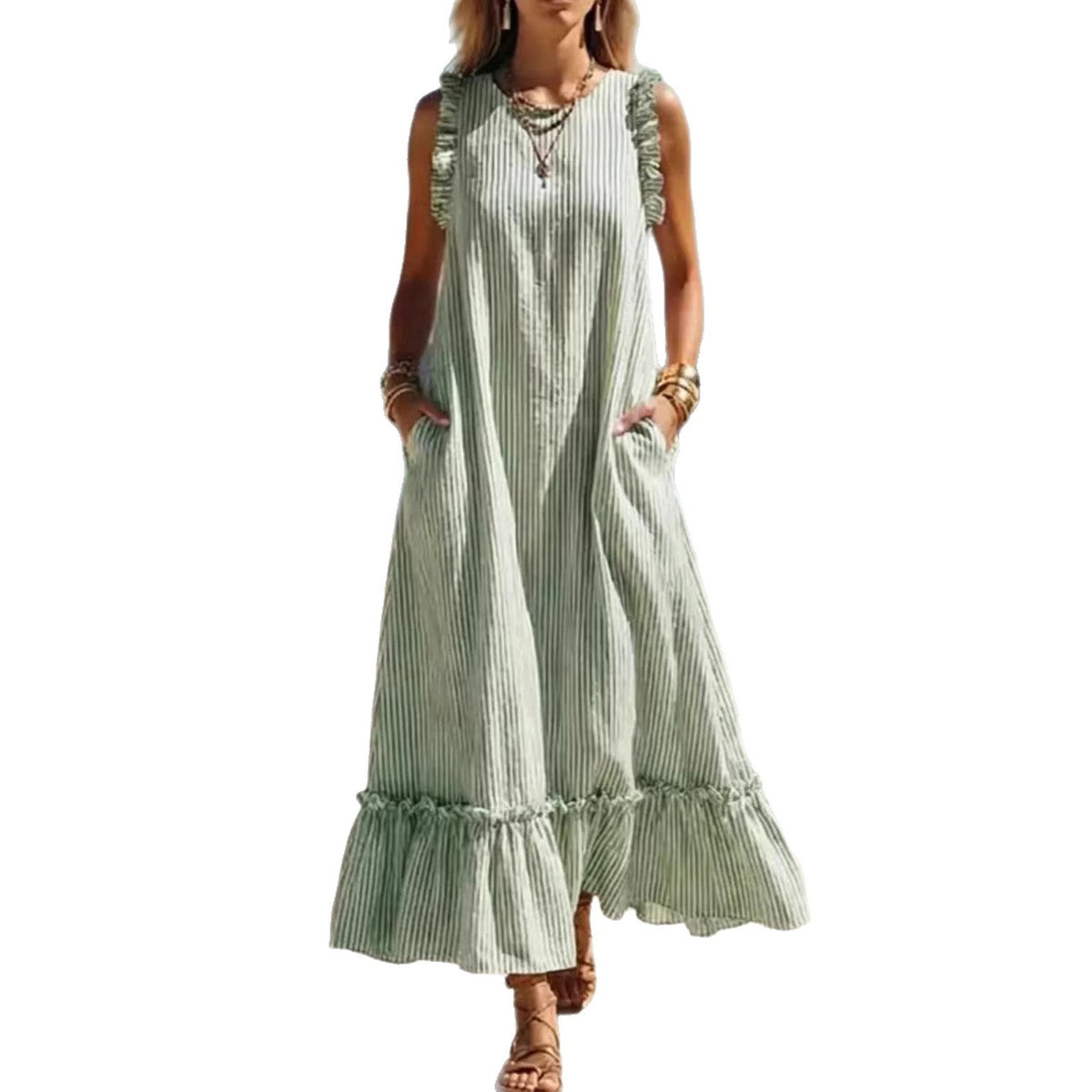 🌊 Robe longue à rayures et volants « Côté mer »