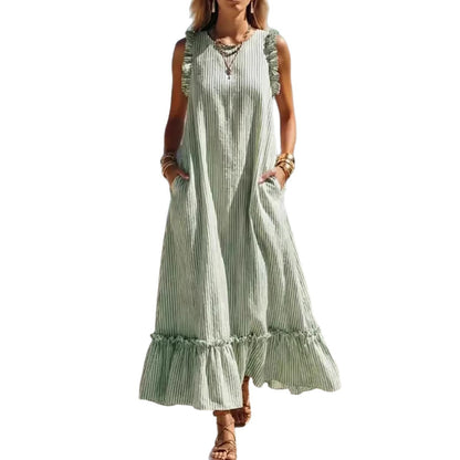 🌊 Robe longue à rayures et volants « Côté mer »