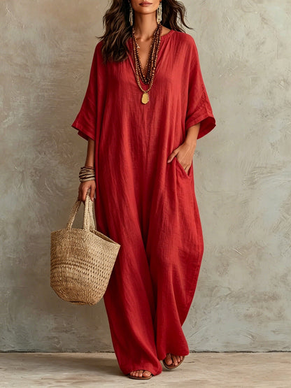 Robe Kaftan Longue Ample en Mélange de Lin à Manches Courtes Col V et Poches