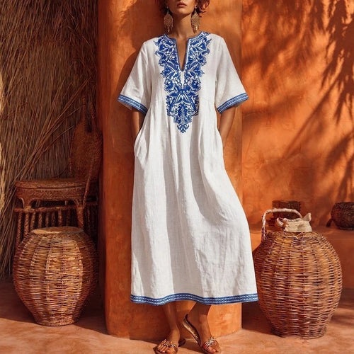 Robe Kaftan Midi à Broderies Florales en Lin, Col en V, Manches Courtes