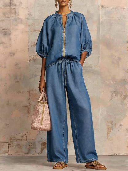New arrival🔥 Two-piece linen and cotton set: stylish and comfortable zipped shirt and wide-leg trousers