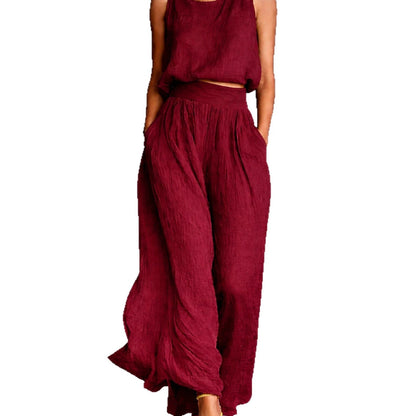 Ensemble assorti en lin texturé Chartreuse, débardeur sans manches et pantalon ample taille haute