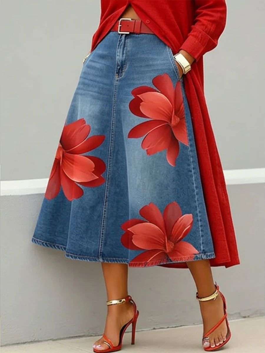 Jupe midi en jean à imprimé floral