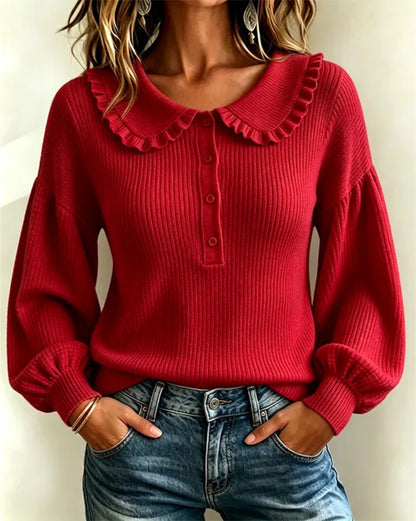 Pull en tricot côtelé à col volanté pour femme