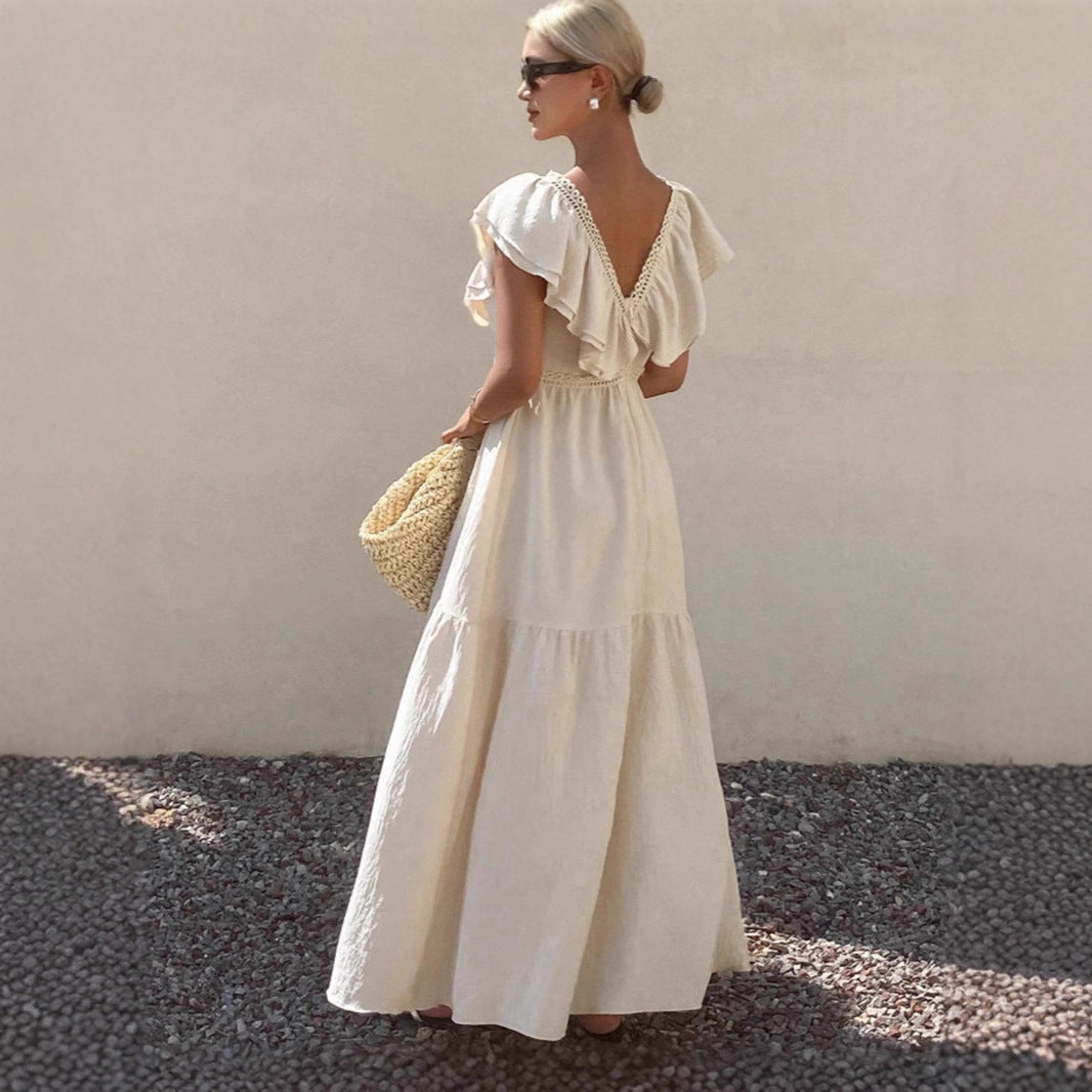 Robe longue maxi femme à col en V, manches volantées, coupe ample et étagée, idéale pour les vacances d'été.