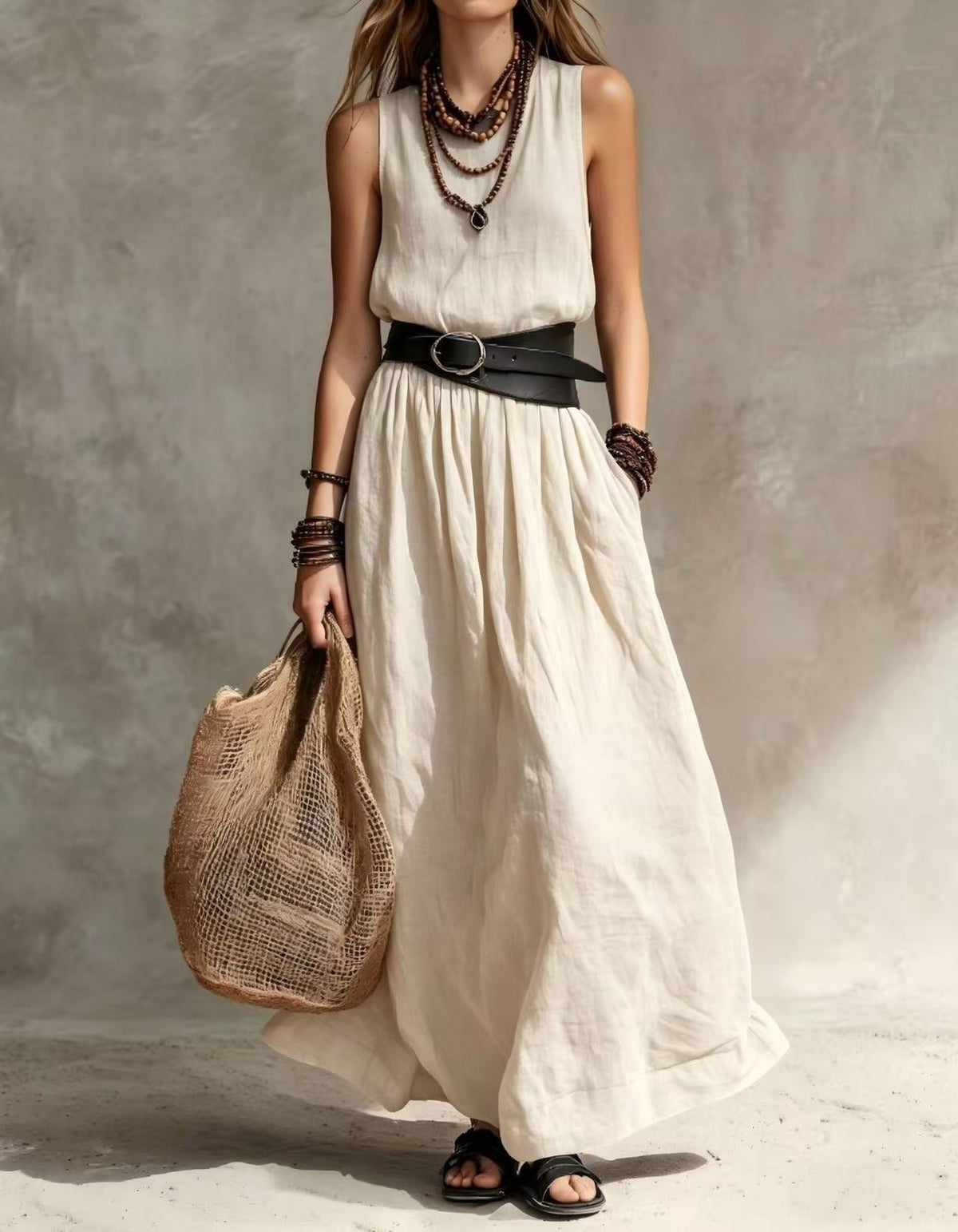 Longue robe sans manches à col montant et ceinture