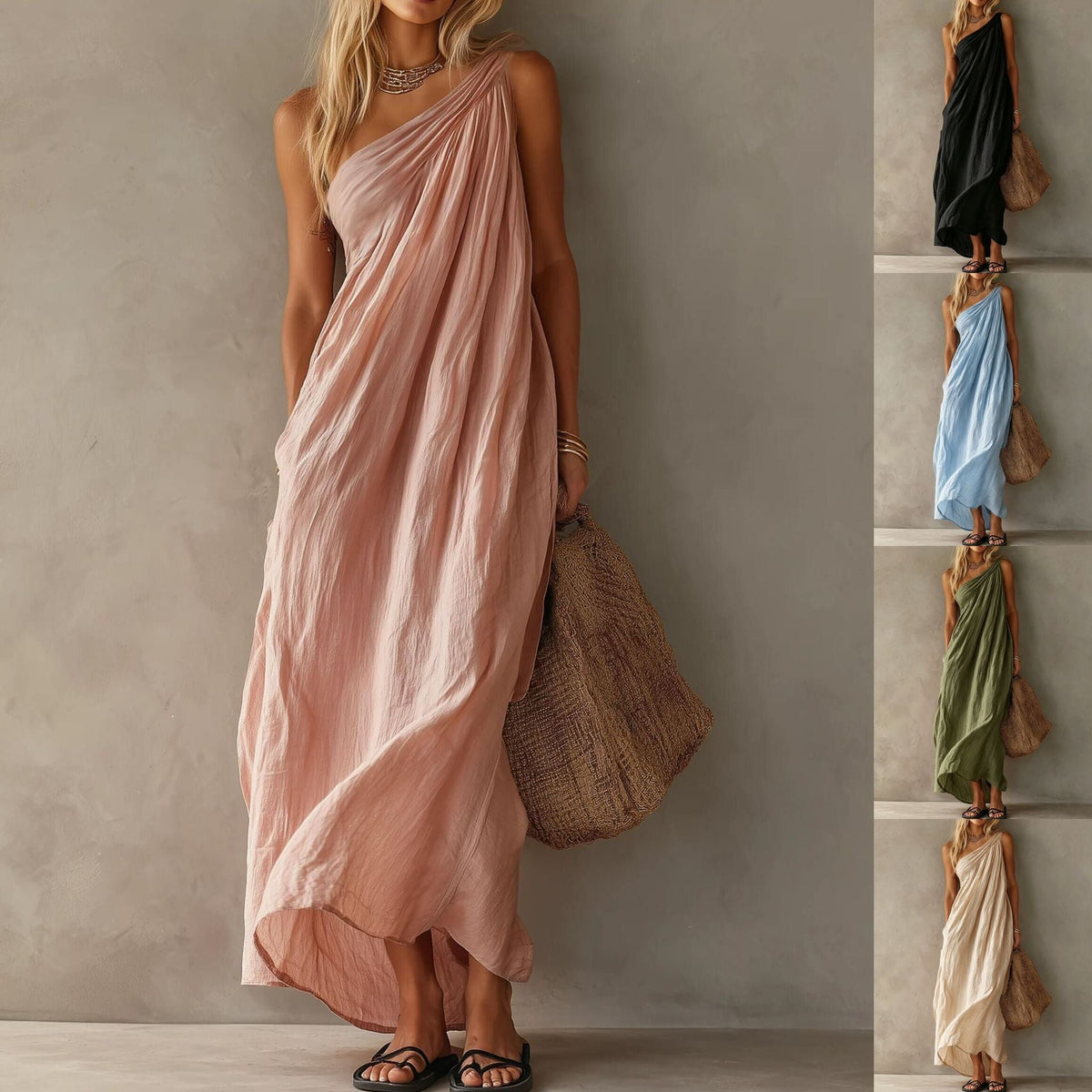 Robe longue en lin drapée à une épaule rose poudré
