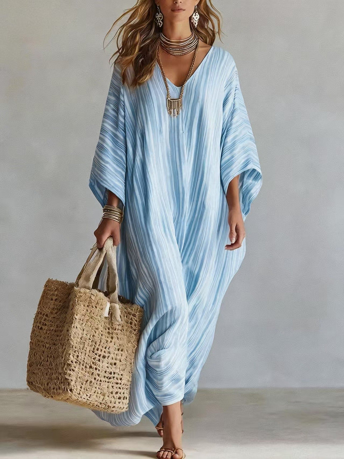 Robe longue kaftan rayée légère en mélange de lin pour femme – Paréo de plage oversize col en V