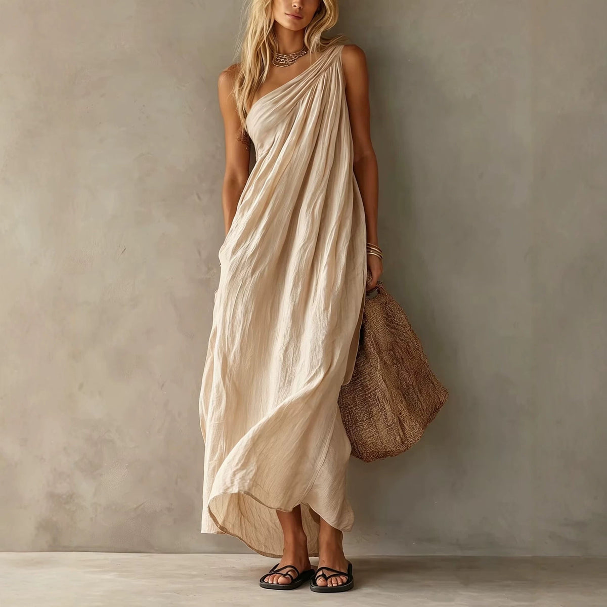 Robe longue en lin drapée à une épaule rose poudré