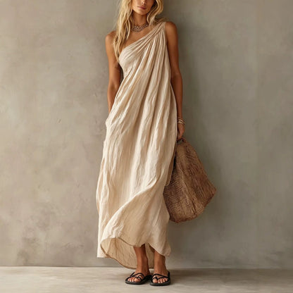 Robe longue en lin drapée à une épaule rose poudré