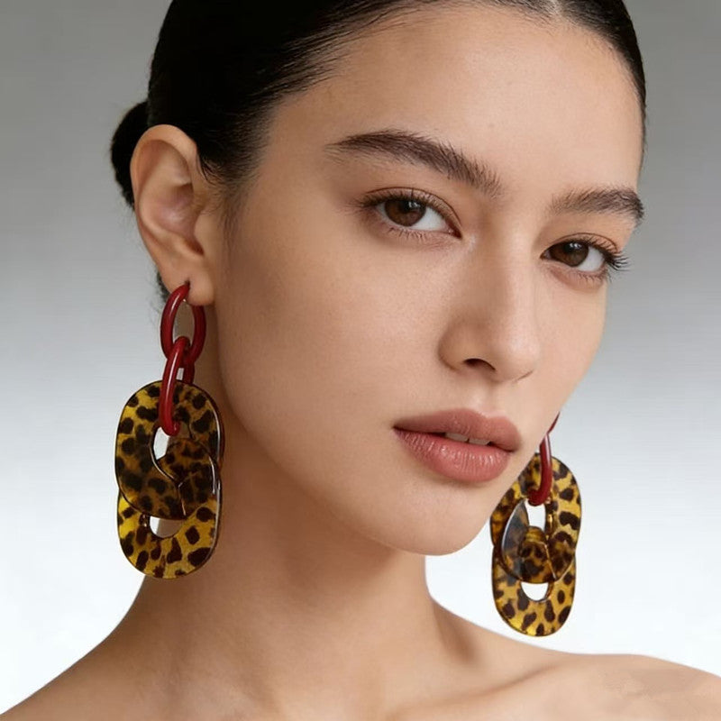 Marbled Resin Interlocked Chain Drop Earrings Oversized Chunky Link Statement Dangle Earrings - Leopard print