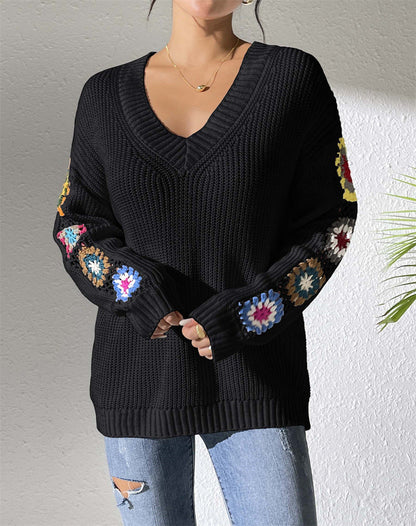 V-neck jumper with crochet flowers