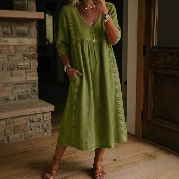 Elegant V-Neck Linen Blend Midi Dress with Lace Inserts and Pockets | Women's Casual Summer Dress