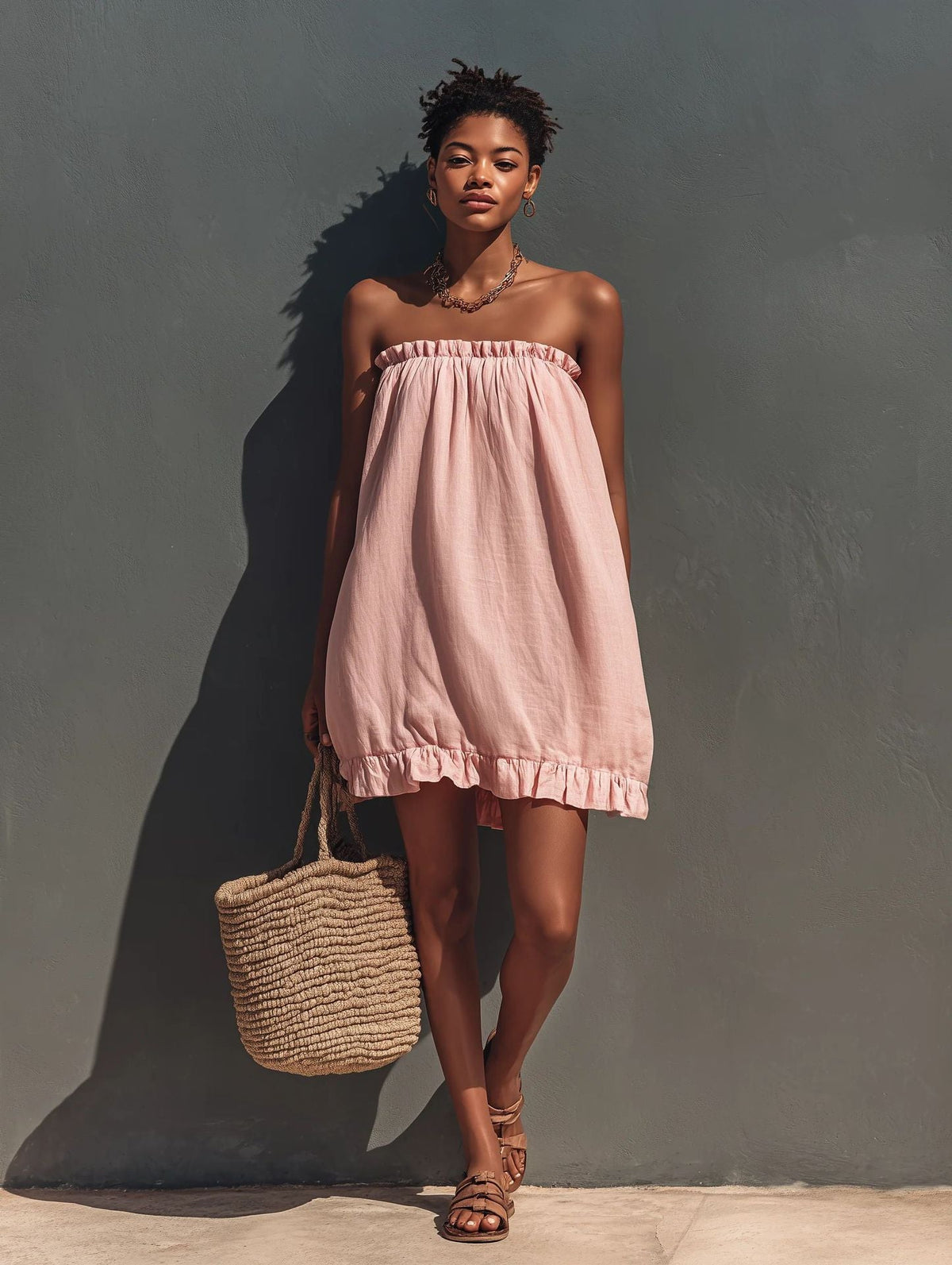 Robe courte ample en lin bustier à volants