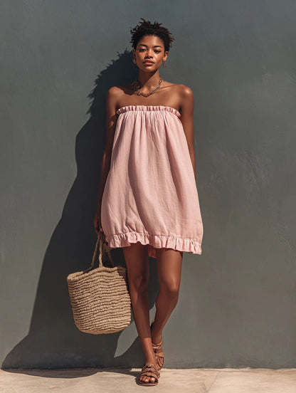 Robe courte ample en lin bustier à volants