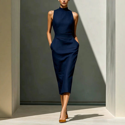Robe mi-longue élégante sans manches moulante couvrant les hanches pour femme