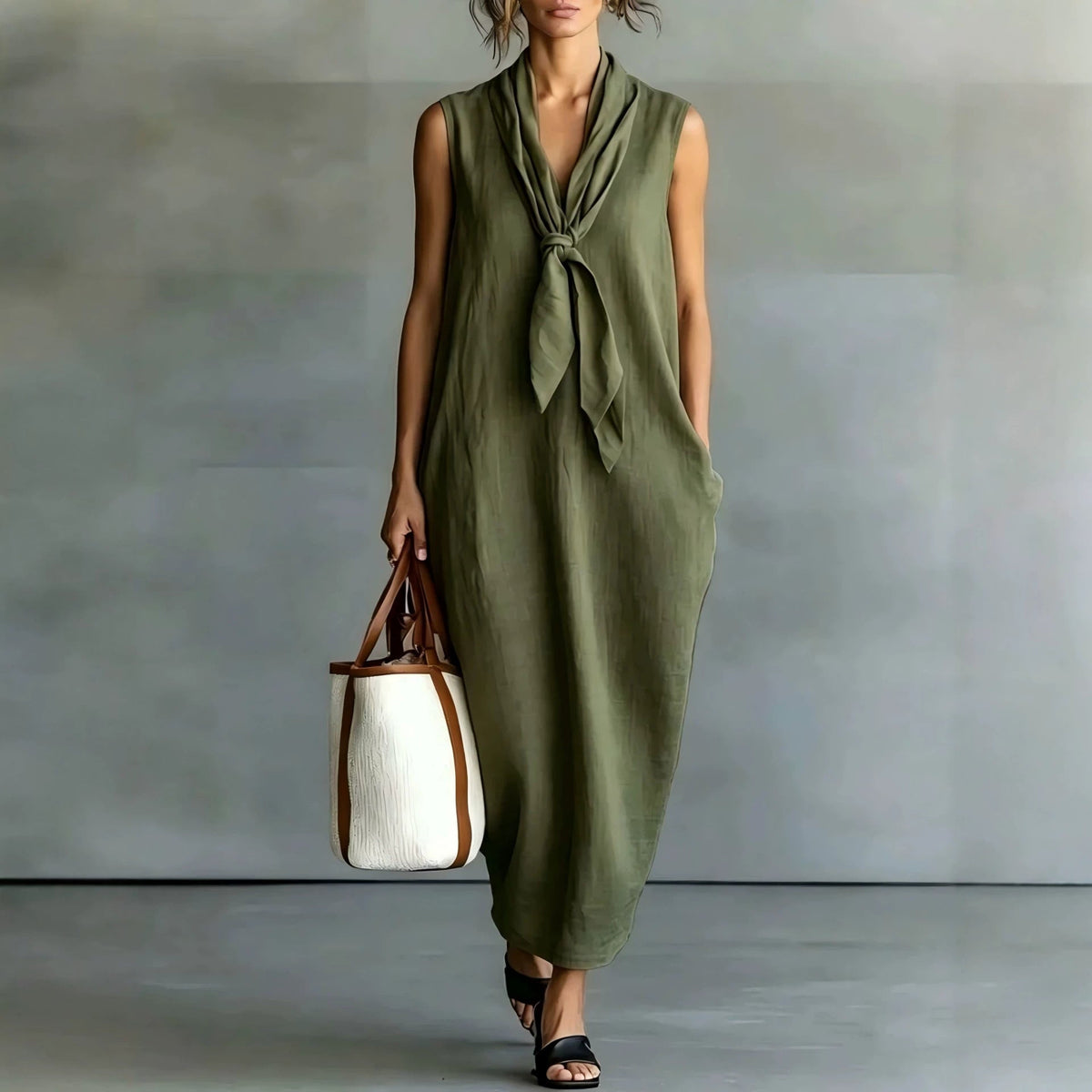 Robe trapèze mi-longue sans manches en lin beige naturel à nouer sur le devant