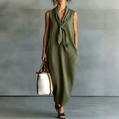 Robe trapèze mi-longue sans manches en lin beige naturel à nouer sur le devant
