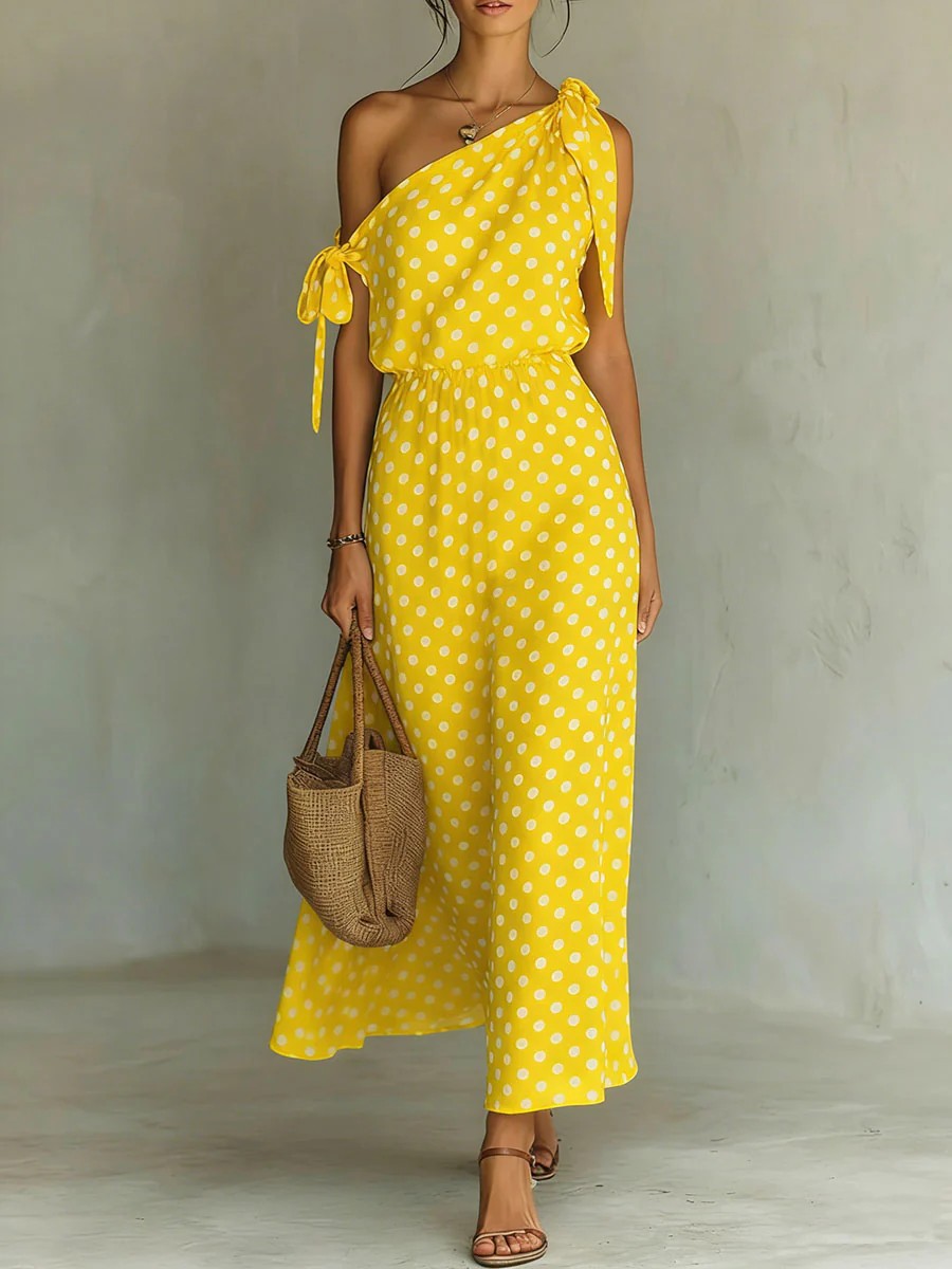 Robe longue asymétrique à pois pour femme