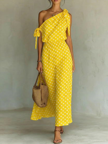 Robe longue asymétrique à pois pour femme